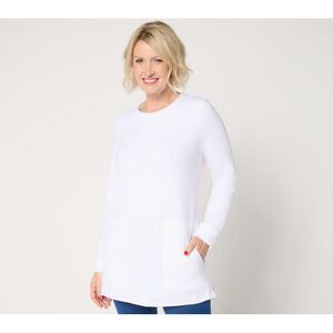 Denim & Co. Women's Top Petite PS Active French Terry Tunic Gauze White A677816